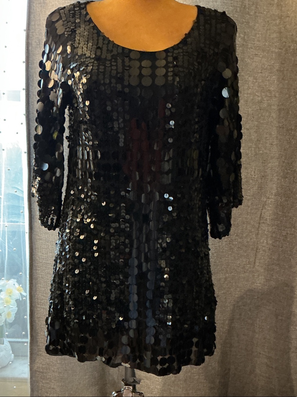 Black Sequin Mini Dress with Scoop Neck